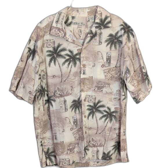 Batik Bay Tan Hawaiian Shirt Palm Trees Wooden Buttons Front Pocket Mens L - Picture 1 of 4